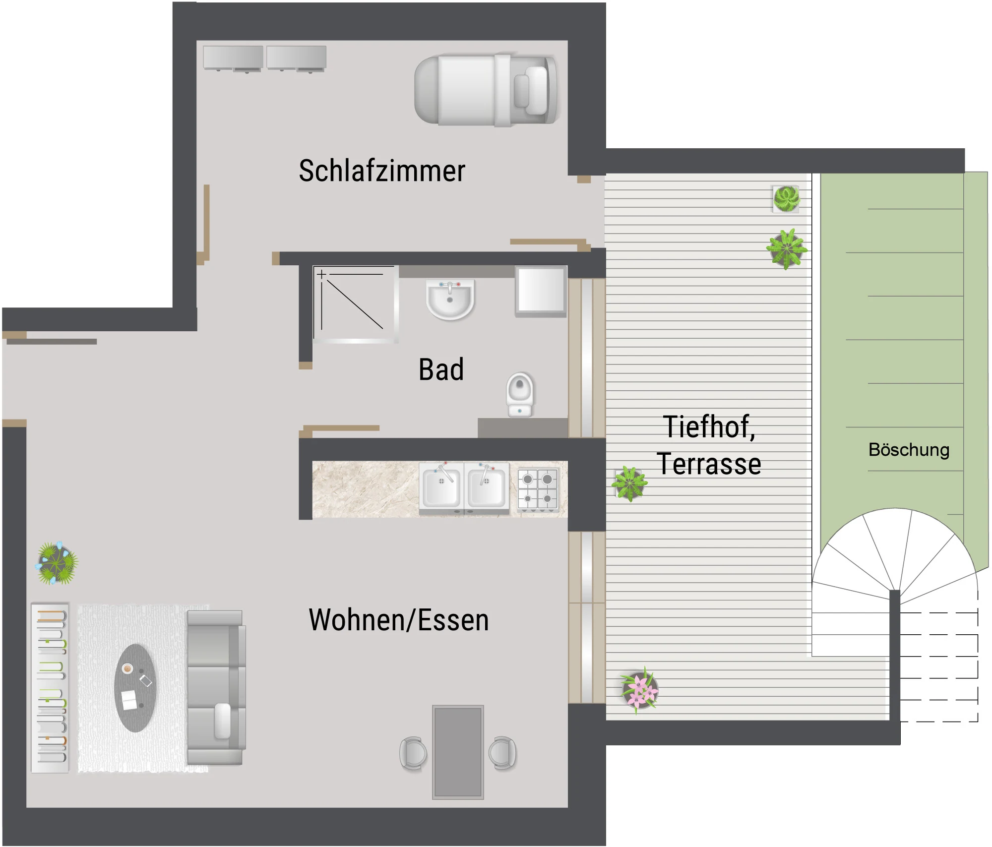 Grundriss der Wohnung 1, Gartenwohnung mit Terrasse, Gartengeschoss
