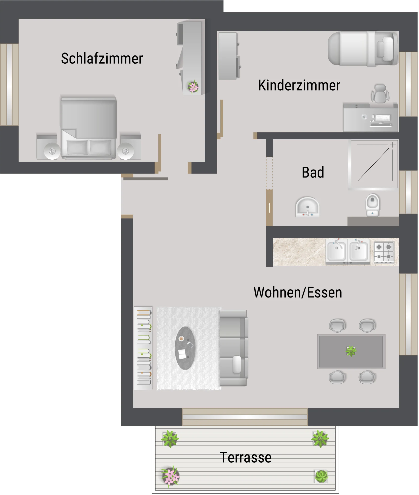 Grundriss der Wohnung 2, Familienwohnung mit Terrasse, Erdgeschoss