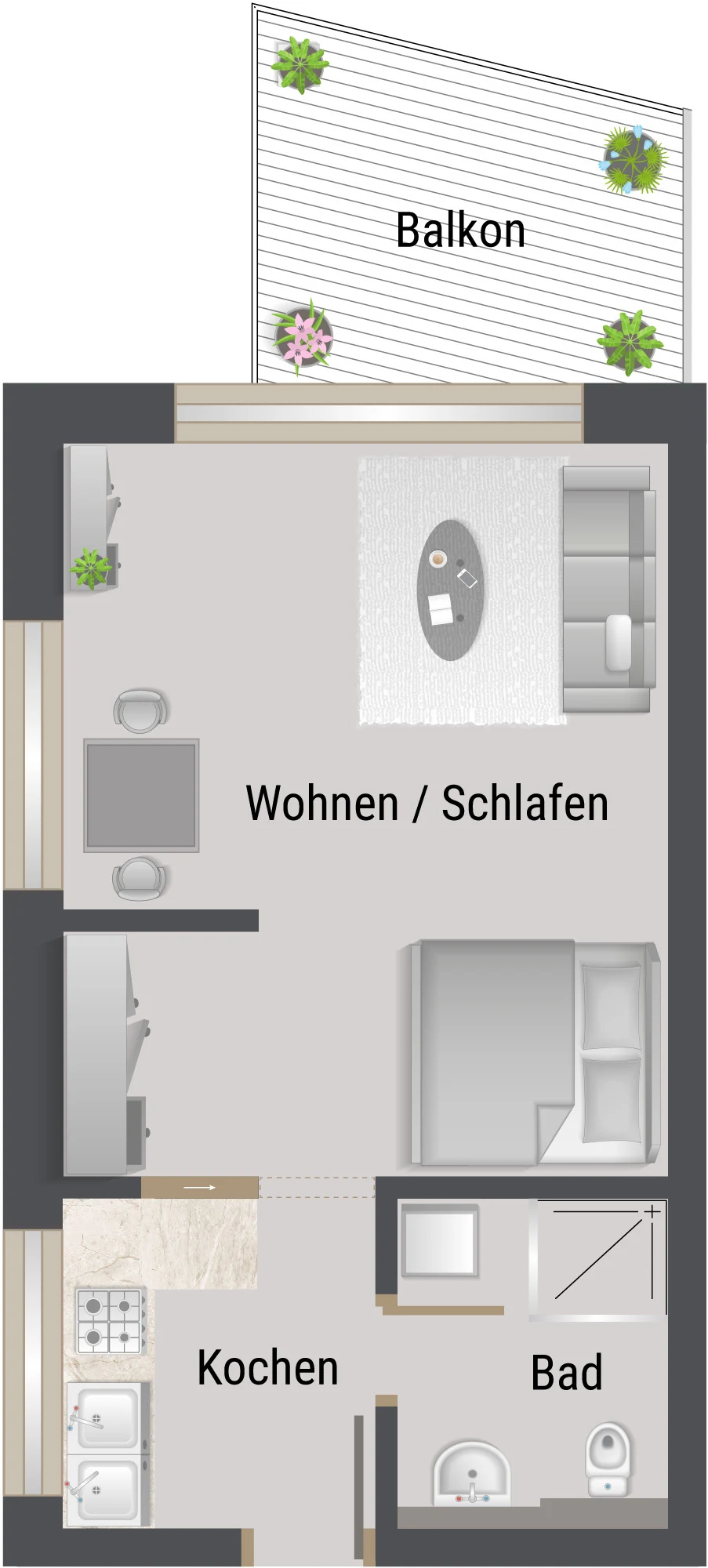 Grundriss der Wohnung 3, Apartment mit Balkon, 1. OG