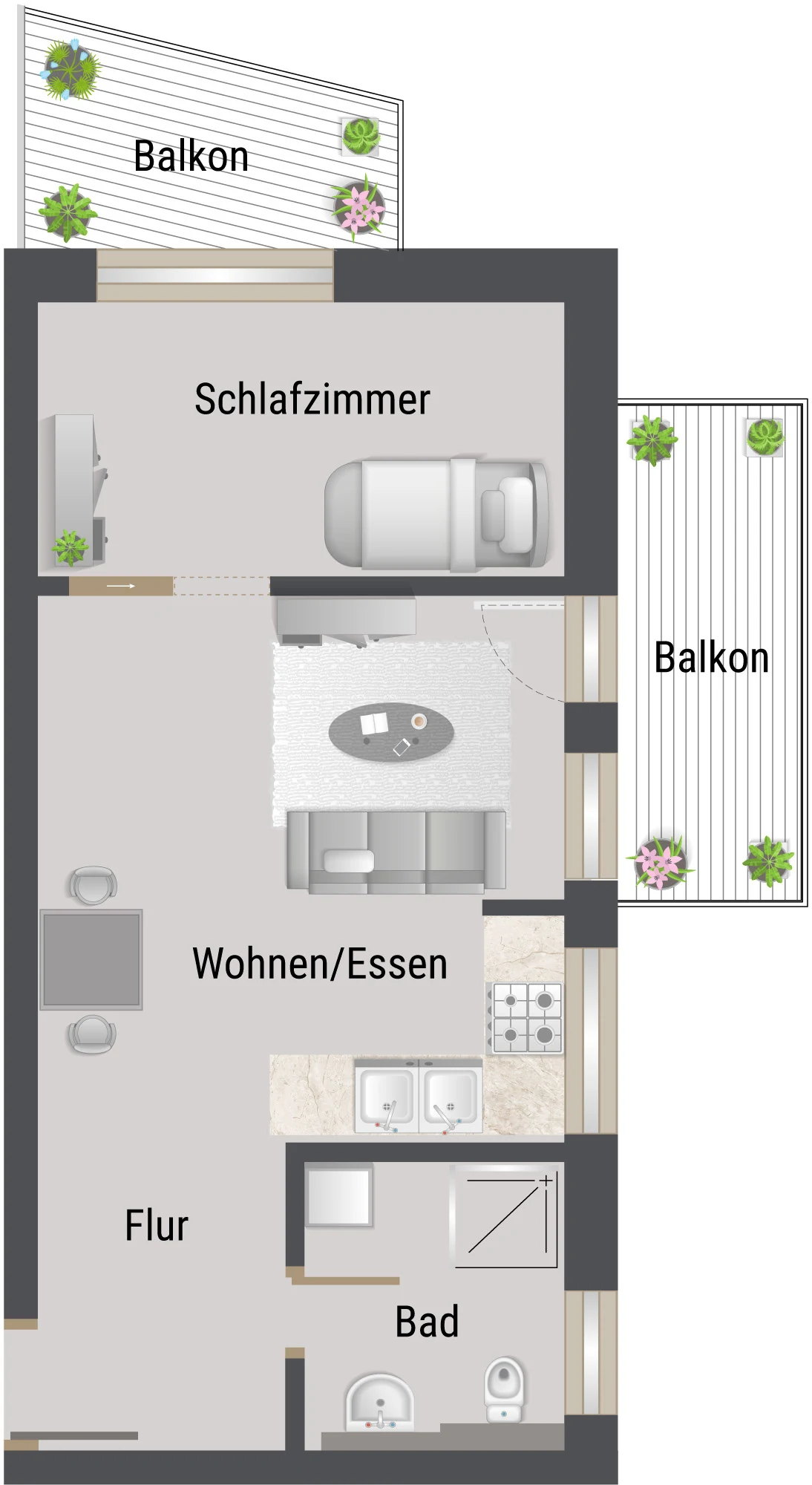 Grundriss der Wohnung 4, 2-Zimmer-Wohnung mit zwei Balkonen, 1. OG
