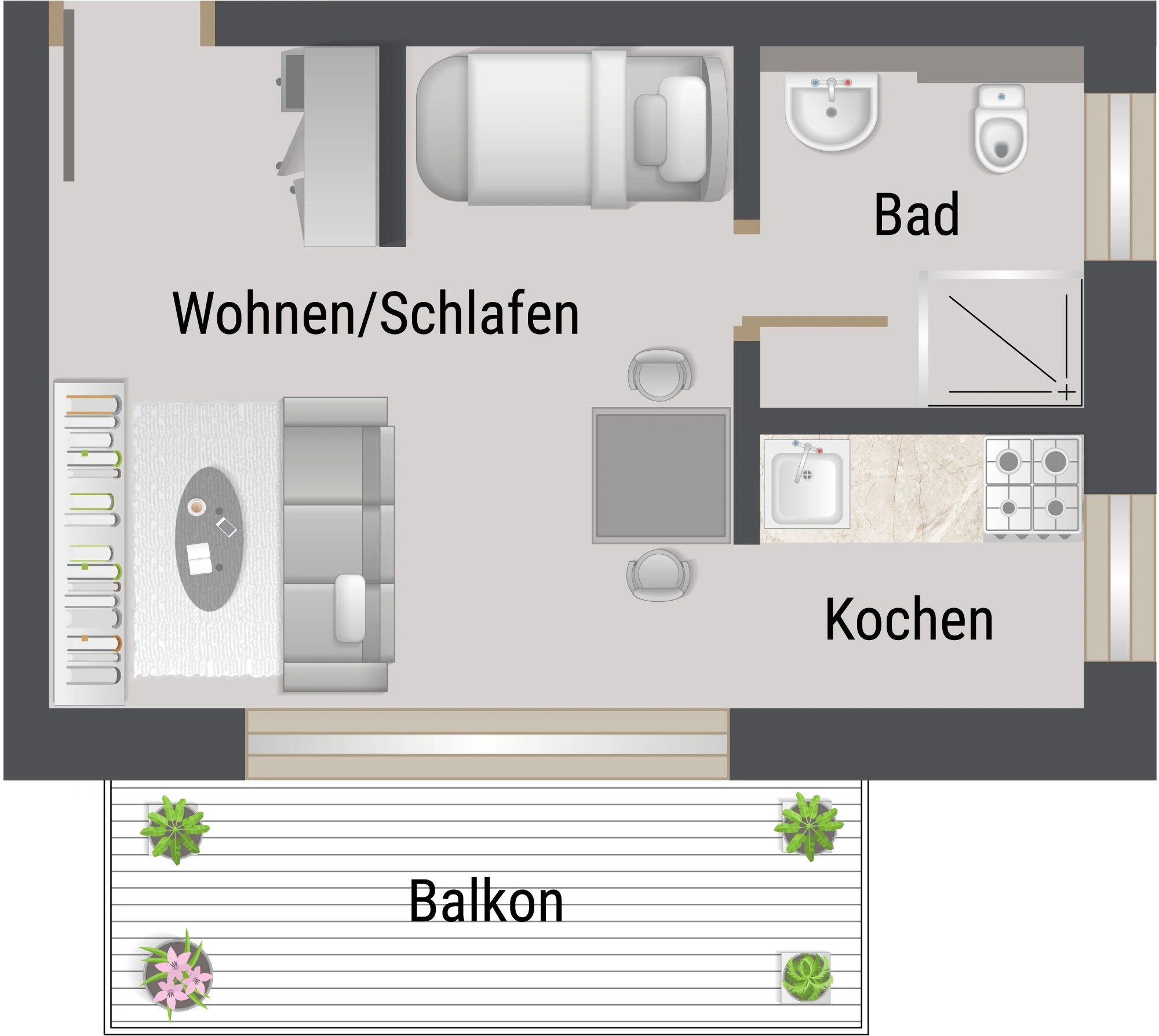 Grundriss der Wohnung 5, Kompaktes Apartment mit Balkon, 1. OG