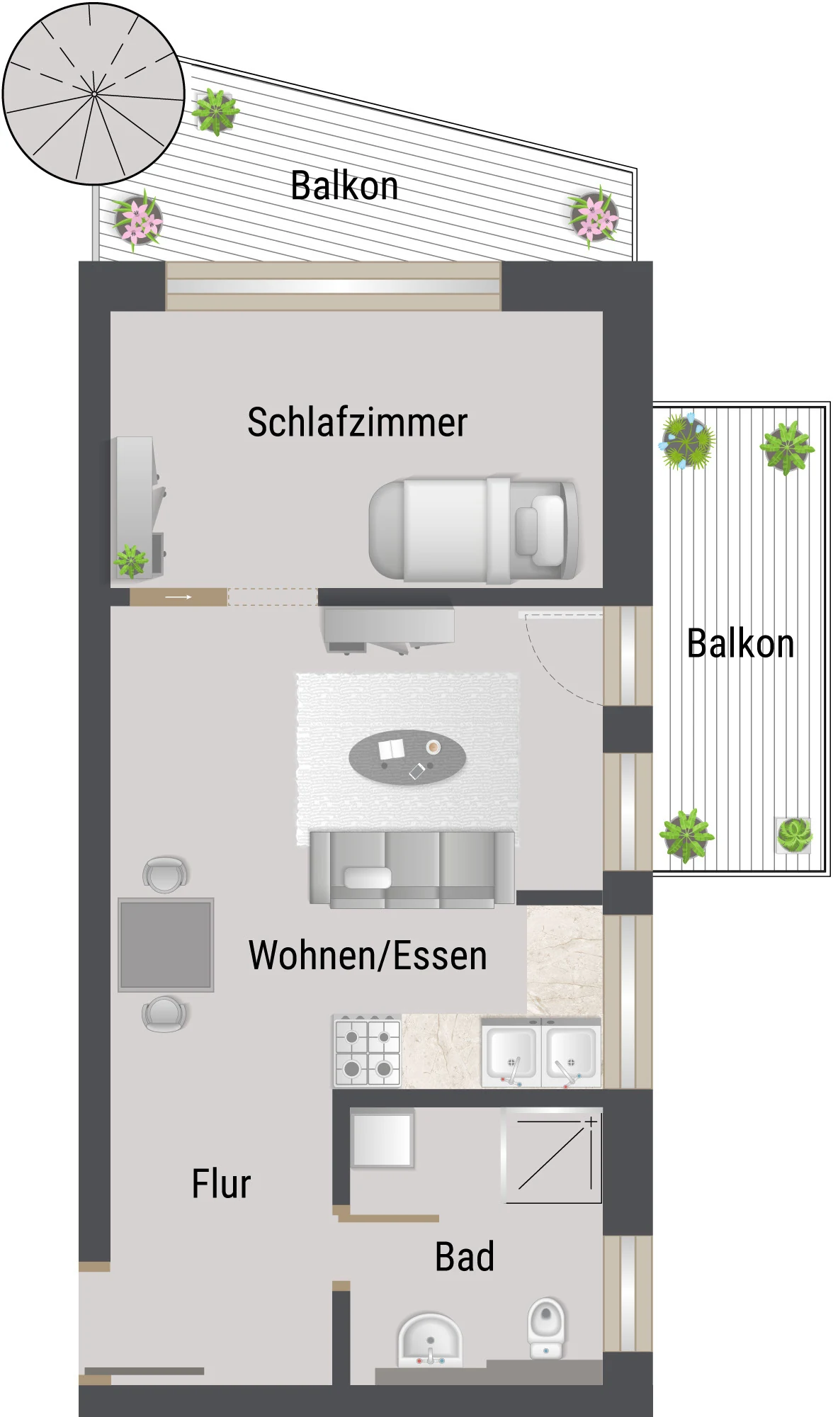 Grundriss der Wohnung 7, 2-Zimmer-Wohnung mit zwei Balkonen, 2. OG
