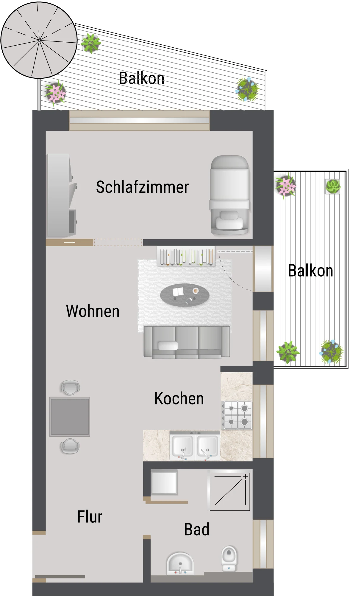 Grundriss der Wohnung 10, 2-Zimmer-Wohnung mit zwei Balkonen, 3. OG