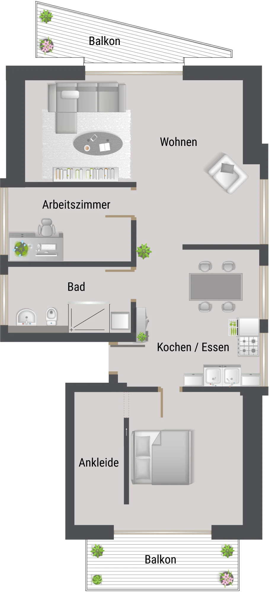Grundriss der Wohnung 12, Penthouse mit zwei Balkonen und Arbeitszimmer, Dachgeschoss
