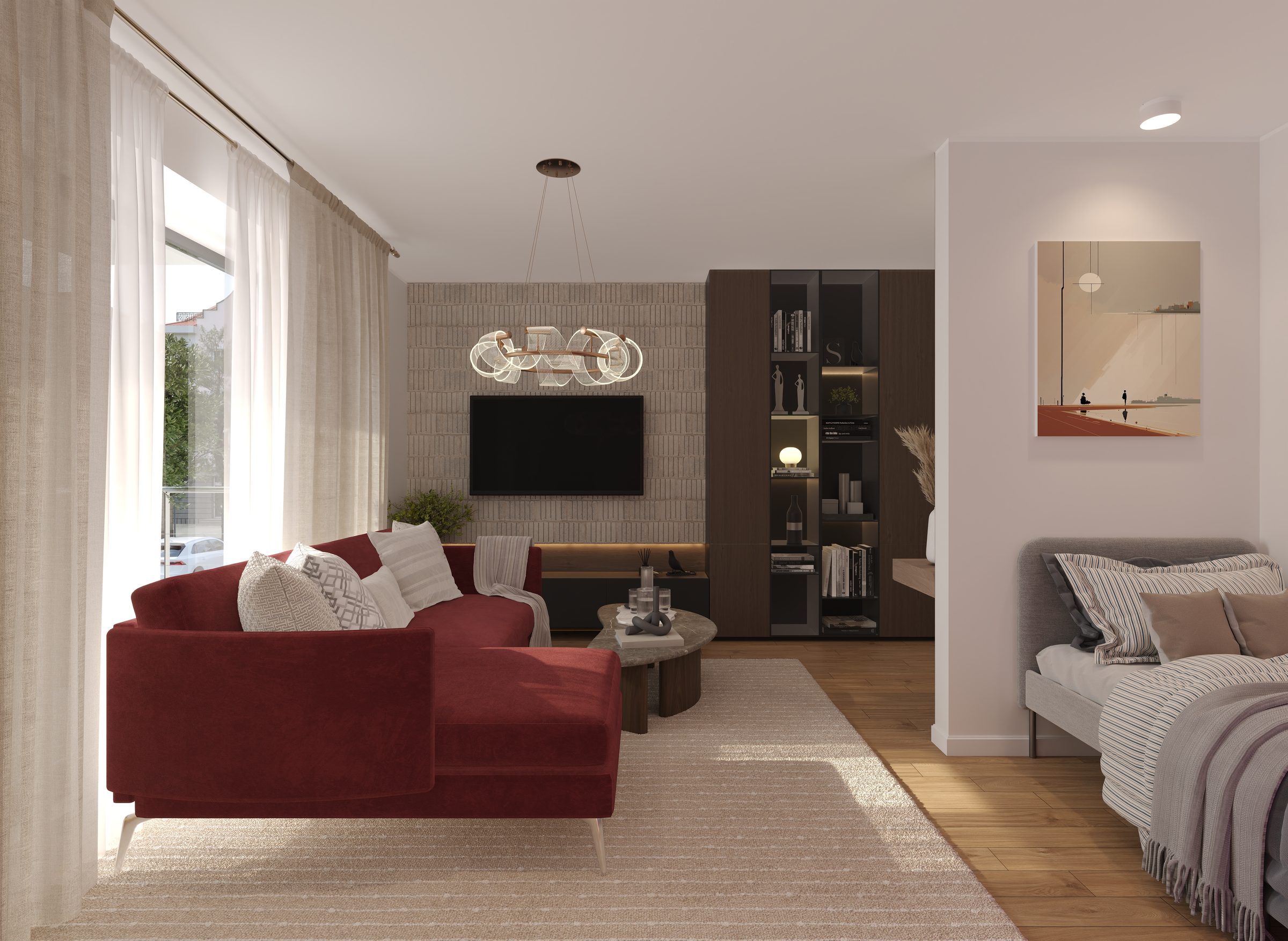 Wohnen mit rotem Sofa
