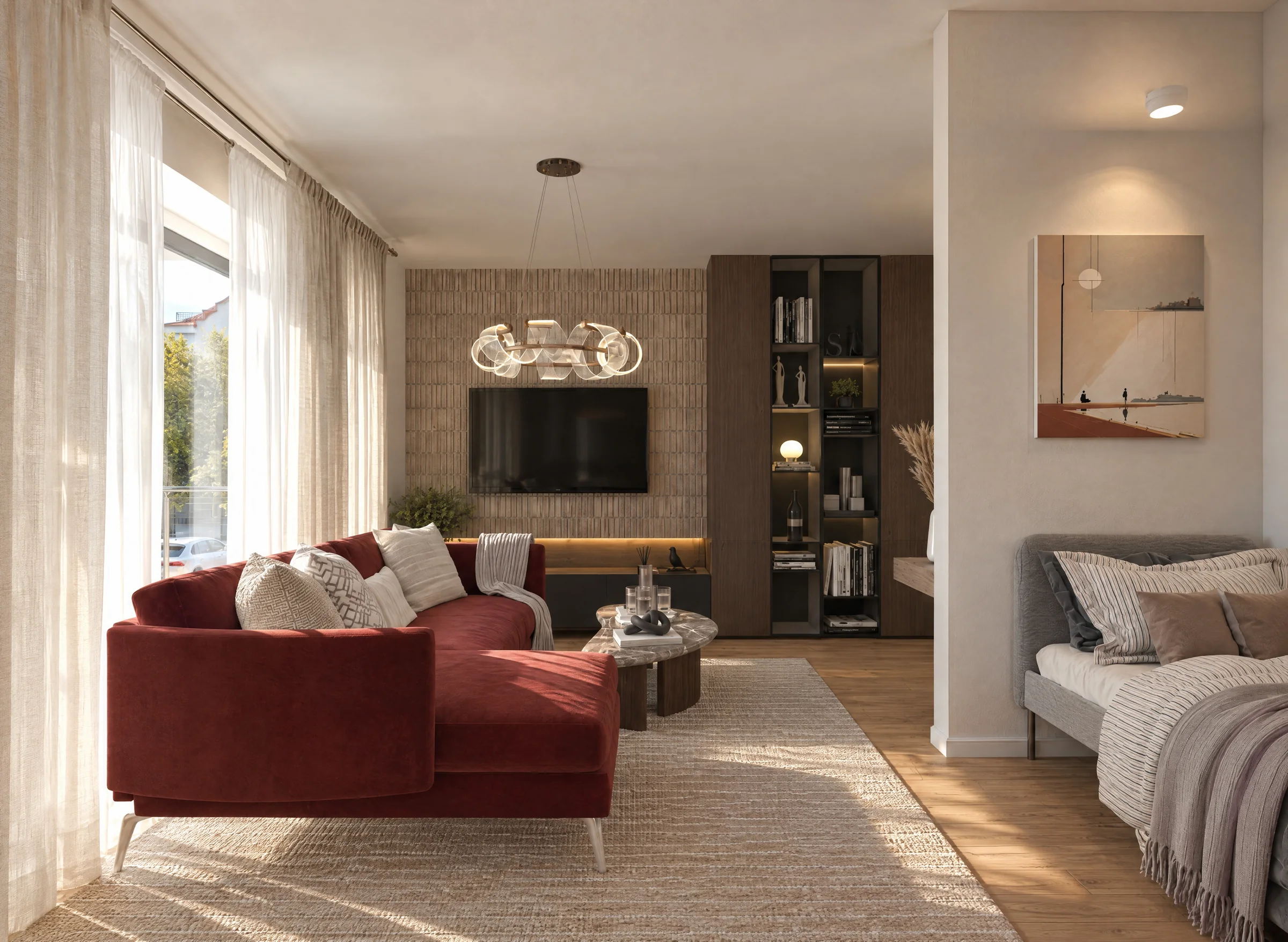 Wohnen mit rotem Sofa