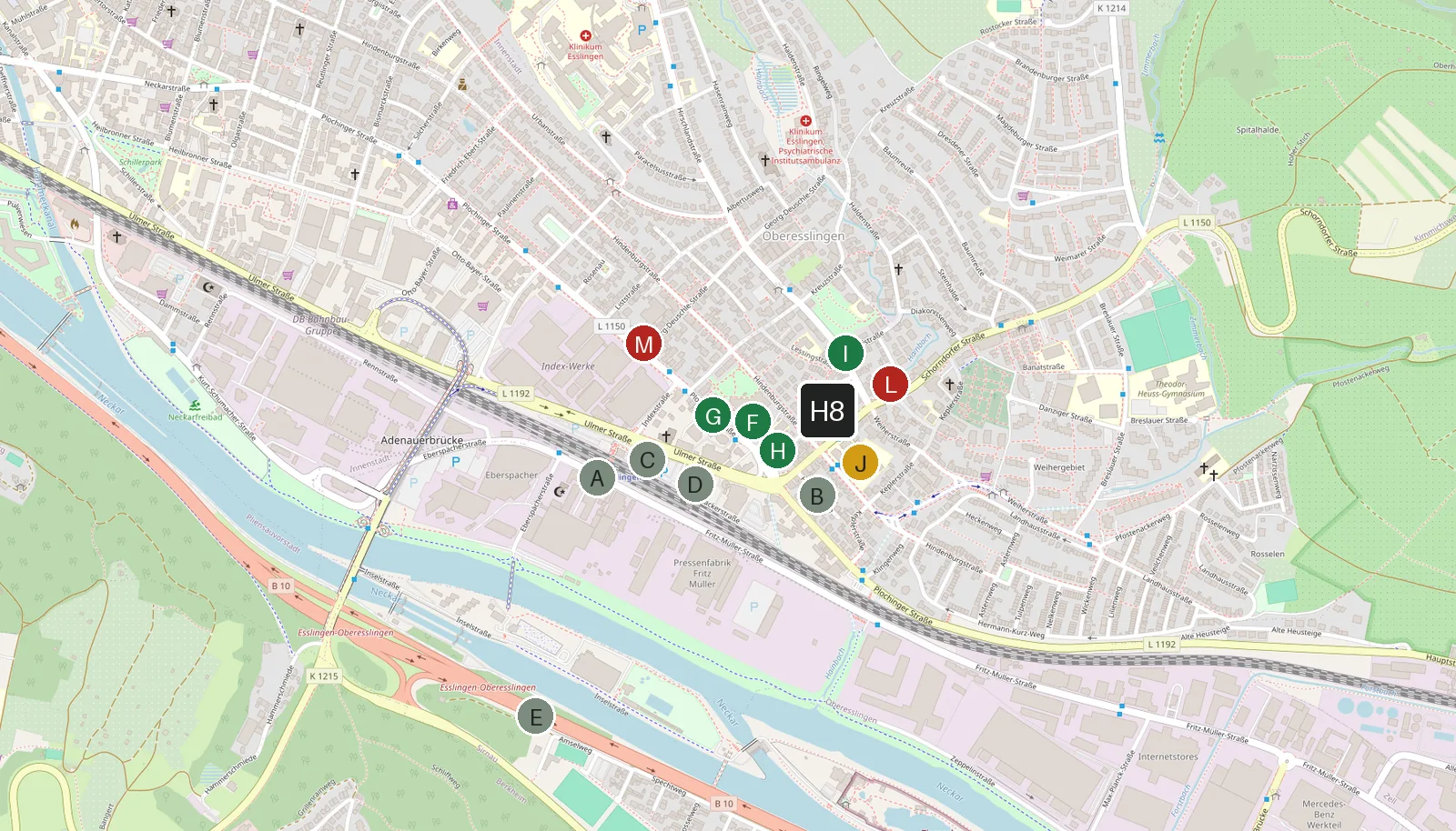 Karte von Oberesslingen mit dem Standort Hainbachstrasse 8 und den Orten der Umgebung