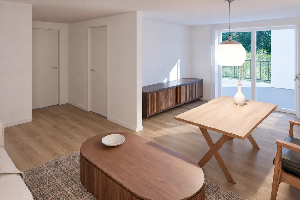 Visualisierung Wohnen und Essen der Wohnung 1, Gartenwohnung mit Terrasse, Gartengeschoss