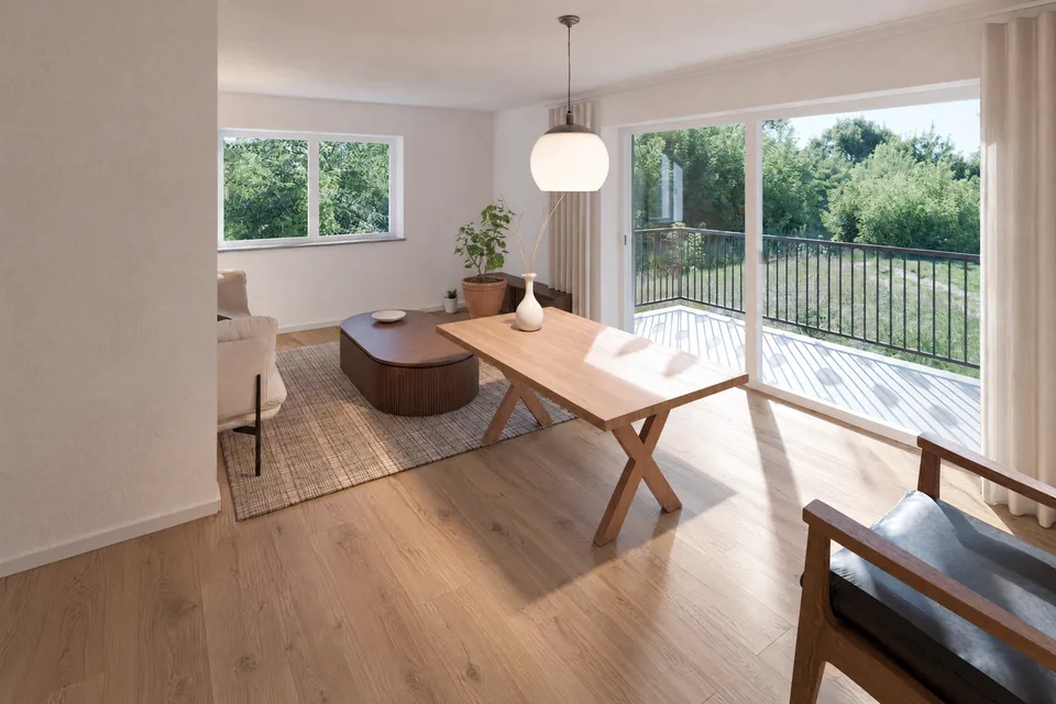 Visualisierung Essen und Wohnen mit Balkon der Wohnung 2, Familienwohnung mit Terrasse, Erdgeschoss