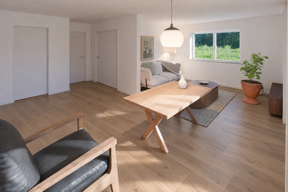 Visualisierung Wohnen und Essen der Wohnung 2, Familienwohnung mit Terrasse, Erdgeschoss