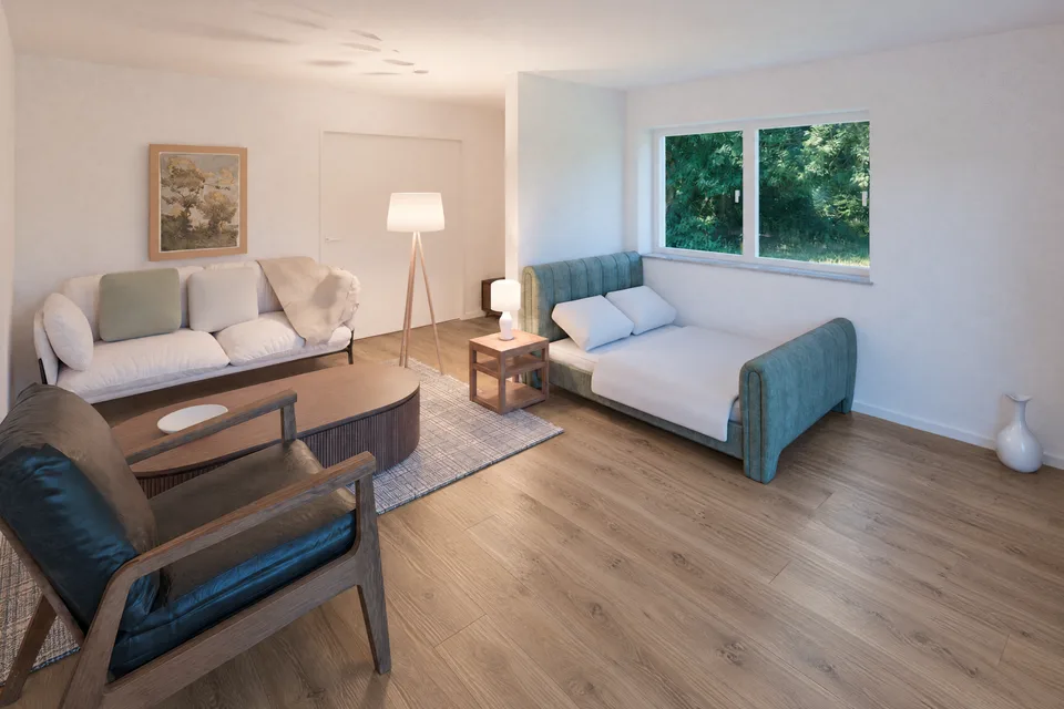 Visualisierung Wohn- und Schlafraum der Wohnung 3, Apartment mit Balkon, 1. OG