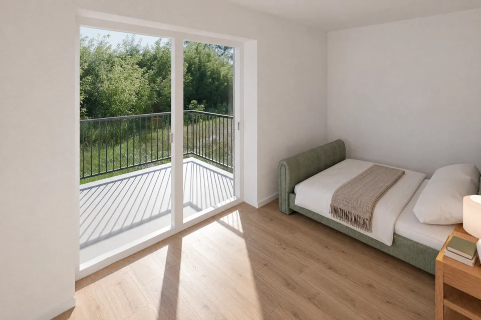 Visualisierung Schlafzimmer mit Balkon der Wohnung 4, 2-Zimmer-Wohnung mit zwei Balkonen, 1. OG