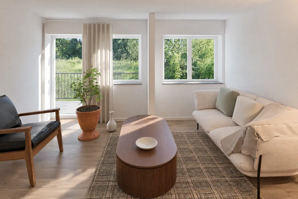 Visualisierung Wohnzimmer der Wohnung 4, 2-Zimmer-Wohnung mit zwei Balkonen, 1. OG