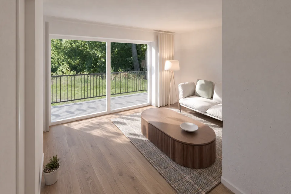 Visualisierung Wohnraum mit Balkon der Wohnung 5, Kompaktes Apartment mit Balkon, 1. OG