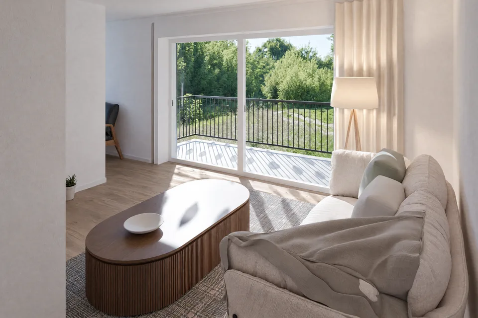 Visualisierung Wohnbereich mit Balkon der Wohnung 5, Kompaktes Apartment mit Balkon, 1. OG