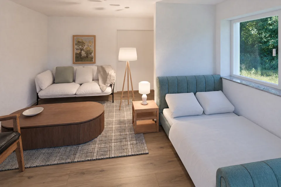 Visualisierung Wohn- und Schlafraum der Wohnung 6, Apartment mit zwei Balkonen, 2. OG