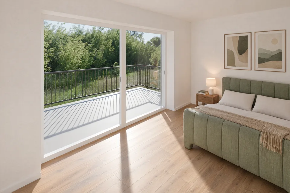 Visualisierung Schlafzimmer mit Balkon der Wohnung 7, 2-Zimmer-Wohnung mit zwei Balkonen, 2. OG