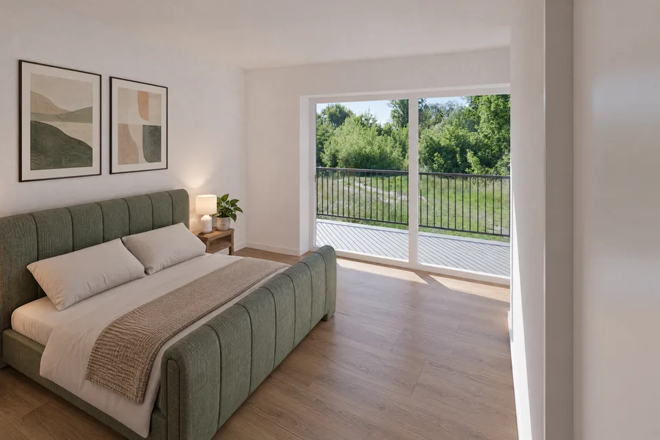 Visualisierung Schlafzimmer mit Balkon der Wohnung 12, Penthouse mit zwei Balkonen und Arbeitszimmer, Dachgeschoss